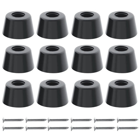 Twelve Piece Set Of Heavy Duty Round Rubber Feet Bumpers With Included Stainless Steel Screws, 1" size, non-slip pads.