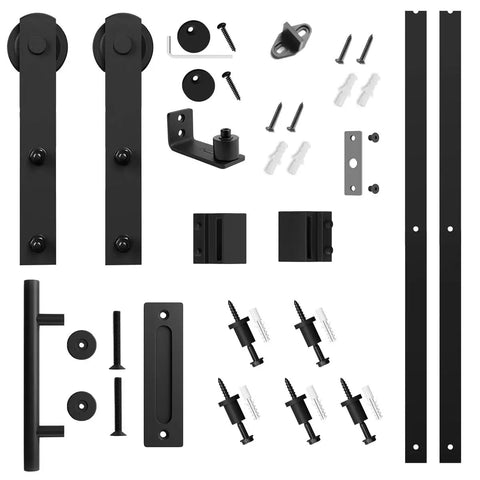 Heavy Duty Sliding Barn Door Hardware Kit In Black, Includes Pull Handle Set And Floor Guide, Fits 34 To 36 Inch Door Panels