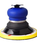 Close-up of a 6 Inch Random Orbit Air Sander With Hook And Loop Backing Built In Variable Speed Regulator Pneumatic Sander for quick sanding.