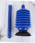 Heavy Hitter Two Piece Toilet Plunger Set With Grippy Handle To Kick Loose Stubborn Sink Clogs Using Rapid Air Surge For Smooth Bathroom Drain Clearing Zero Sweat Days, featuring blue ergonomic plungers.