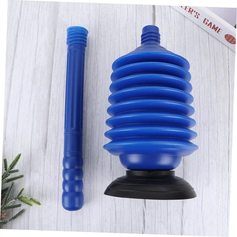 Heavy Hitter Two Piece Toilet Plunger Set With Grippy Handle To Kick Loose Stubborn Sink Clogs Using Rapid Air Surge For Smooth Bathroom Drain Clearing Zero Sweat Days, featuring blue ergonomic plungers.