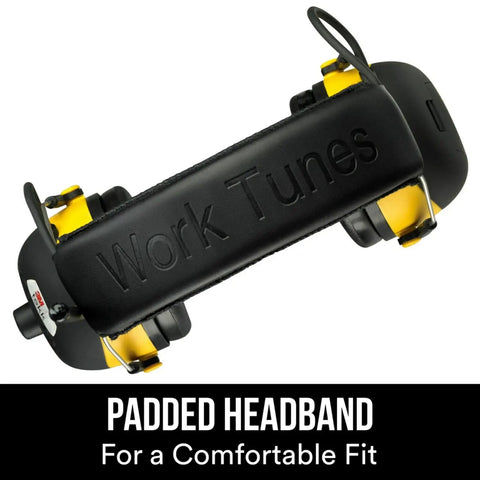 Top view of WorkTunes AM FM Hearing Protector with Built In Mic and High Fidelity Speakers, showing padded headband and ear cups