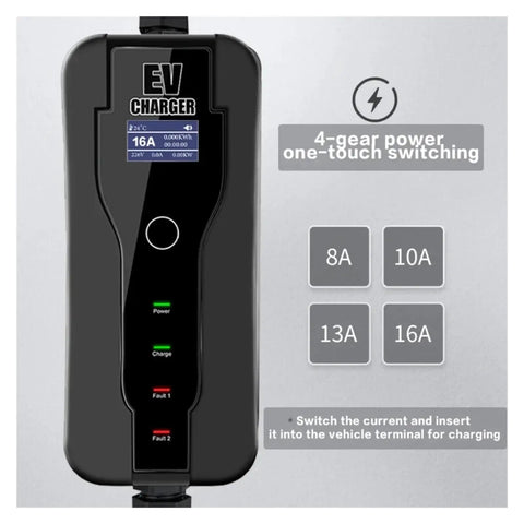 Portable Electric Vehicle EV Charger 3500W 16A Type 1 SAE J1772 EVSE Charging Cable with digital display and power settings.