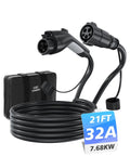 Coiled J1772 EV Extension Cable 21Ft 32A Charger Extension Cord with connectors and carrying case visible.