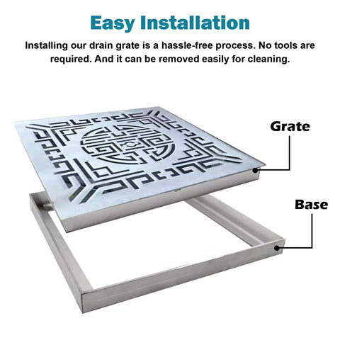 Heavy Duty Square Outdoor Drain Grate With Frame Brushed 304 Stainless Steel Catch Basin Cover showing grate and base for easy installation.