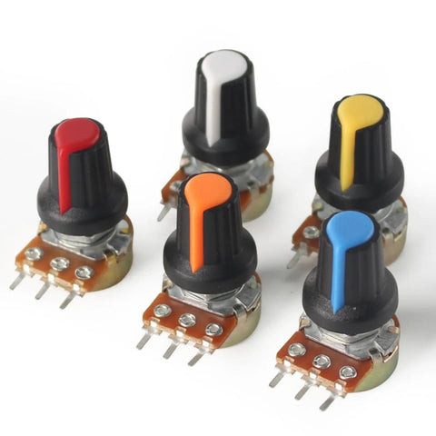 Potentiometer Kit 40 Pieces WH148 Assortment With colored rotary knobs on 15mm linear taper 3 pin pots, view of 5 pieces.