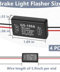 GS100A 4 Pack Brake Light Flasher Strobe Module for Cars, Motorcycles, and Trucks, size dimensions and wire length shown