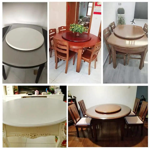 Various dining tables showcasing Premium Solid Wood 24 Inch Round Lazy Susan Rotating Serving Tray for Dining Table.