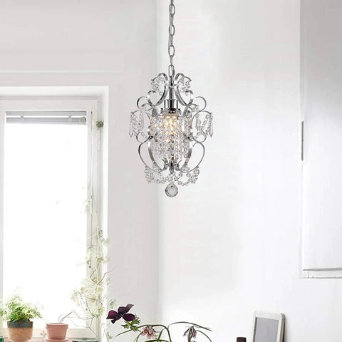 Plug In Chrome Crystal Chandelier With 14.3 Ft Cord And On Off Switch in a bright room setting