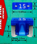 Premium Automotive Low Profile Mini Blade Fuse Assortment Kit With Slick Add A Circuit Tap Holders And Sturdy Puller, 20 Piece showing 15 amp mini blade fuse dimensions.