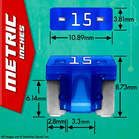 Premium Automotive Low Profile Mini Blade Fuse Assortment Kit With Slick Add A Circuit Tap Holders And Sturdy Puller, 20 Piece showing 15 amp mini blade fuse dimensions.