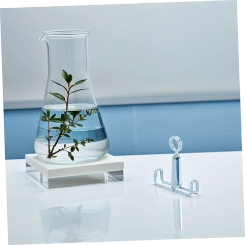 Beaker with plant next to Laboratory 25 Piece Flat Jaw Spring Clamp Set for Flexible Latex Tubes Rubber Hose Water Stop Clip.
