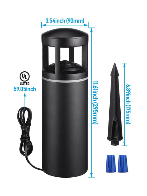 Eight Pack Low Voltage Path Lights With Side Ambient Lighting 5W LED Pathway Fixtures for Driveway and Garden shown with dimensions and accessories