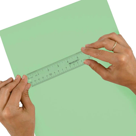 Hands measuring with Crystal Clear Acrylic Ruler 6 Inch Beveled Edge With Easy To Read Markings See Through Straight Edge