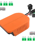 Dual Pack Dope Power Wheel Adapter Kit For 20V Max Batteries with fuses and 14AWG wire, orange casing, top view.
