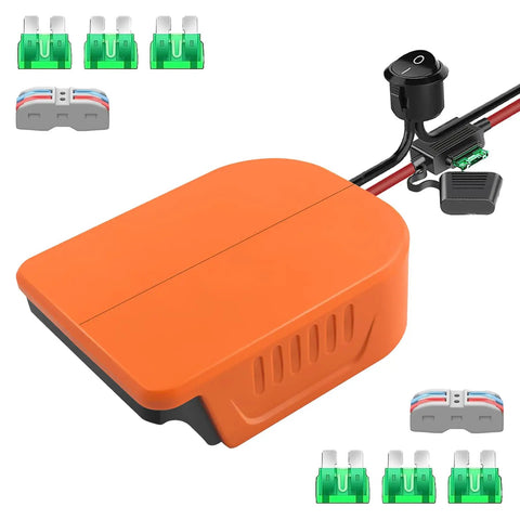 Dual Pack Dope Power Wheel Adapter Kit For 20V Max Batteries with fuses and 14AWG wire, orange casing, top view.
