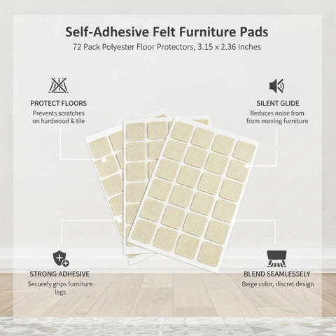 Beige Selfadhesive Felt Furniture Pads For Hardwood And Tile Floors 3.15 By 2.36 Inches Square Floor Protectors 72Pack