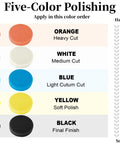 Image of five-color polishing pads showing orange, white, blue, yellow, and black pads for paint correction and detailing.