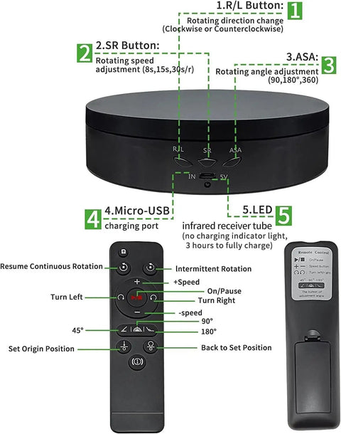 Control panel of Zlmondee Remote Controlled Motorized Rotating Display Stand Turntable showing buttons and charging port.