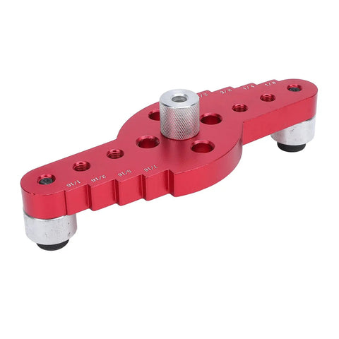 Premium Aluminum Self Centering Dowel Jig Kit Featuring Stainless Guiding Rings, red metal precision tool for alignments.