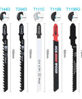 Premium Single T Style Jigsaw Blade Precision Ground High Carbon Steel Shredding Through Raw Wood Composite Plastic And Thin Metal Power Tool Replacement Part Compatible With Major Brands Garage Ready Performance displayed in various sizes and models.