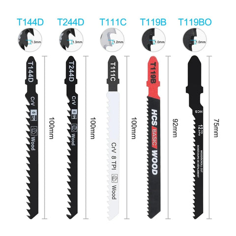 Premium Single T Style Jigsaw Blade Precision Ground High Carbon Steel Shredding Through Raw Wood Composite Plastic And Thin Metal Power Tool Replacement Part Compatible With Major Brands Garage Ready Performance displayed in various sizes and models.
