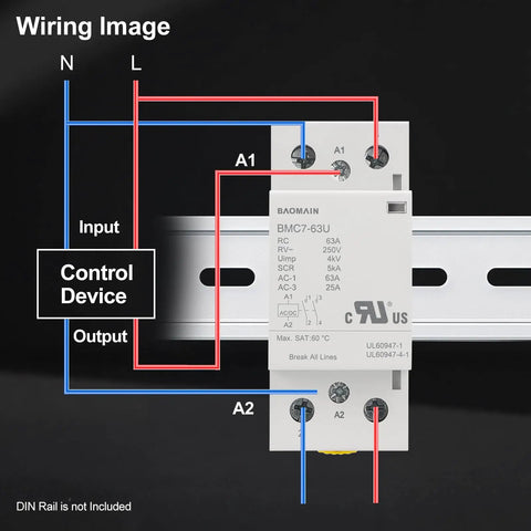 Wiring image of Heavy Duty 63A Modular Contactor With 2NO Poles Operating On 24V AC DC Coil Voltage, showing connections.