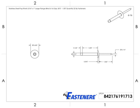 Gutsy Large Flange Pop Rivets 3/16 X 1 Inch 25 Pack technical drawing showing dimensions and specifications of stainless steel blind fasteners.