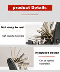 Close-up of 16 In 1 Bike Multitool For Mountain And Road Bikes showing foldable design and alloy construction details