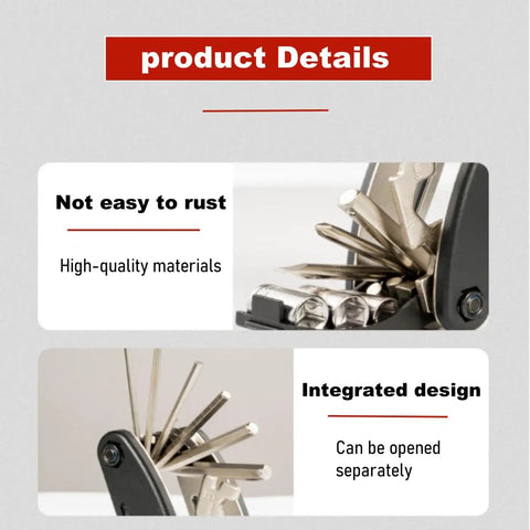 Close-up of 16 In 1 Bike Multitool For Mountain And Road Bikes showing foldable design and alloy construction details