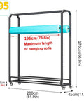 Heavy Duty Metal Rolling Tube Rack For Vinyl Fabric Wallpaper And Craft Film Featuring Smooth Braking Casters And Sturdy Hanging Bar with dimensions