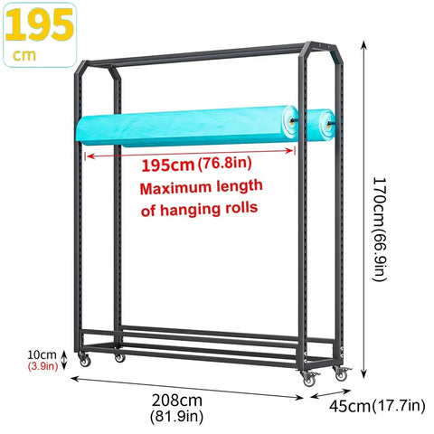 Heavy Duty Metal Rolling Tube Rack For Vinyl Fabric Wallpaper And Craft Film Featuring Smooth Braking Casters And Sturdy Hanging Bar with dimensions