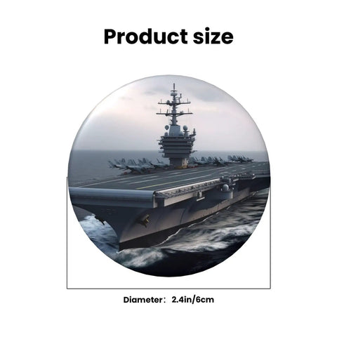 12 Pack 2.4 Inch Round Button Pins Set Made From Durable Tinplate Metal With Custom Photo Prints showing aircraft carrier design