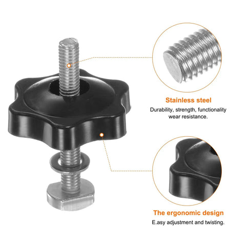 Built Different T Track Bolt And Hex Hand Knobs Kit With Stainless Steel Fasteners and Plastic Brass Insert Nuts For Precision Woodworking Jigs and Workshop Fixtures Black 5 Piece Set, close-up of ergonomic plastic knob with stainless steel bolt.