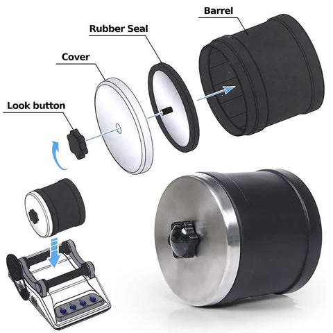 Components of Rock Tumbler Kit For DIY Stone Polishing Complete Pro Rock Polisher with barrel, rubber seal, cover, look button.