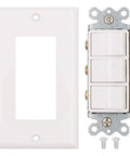 Space Saving Triple Rocker Light Switch With Wall Plate 15A 120V Three Independently Controlled Switches In One Compact White UL And CUL Certified