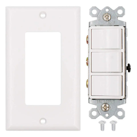 Space Saving Triple Rocker Light Switch With Wall Plate 15A 120V Three Independently Controlled Switches In One Compact White UL And CUL Certified