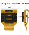 Beefy Drill Belt Clip And Tape Measure Holder For Tool Belts, Universal Clip On Carry for Impact Drivers, front and side view, yellow aluminum steel