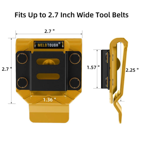 Beefy Drill Belt Clip And Tape Measure Holder For Tool Belts, Universal Clip On Carry for Impact Drivers, front and side view, yellow aluminum steel