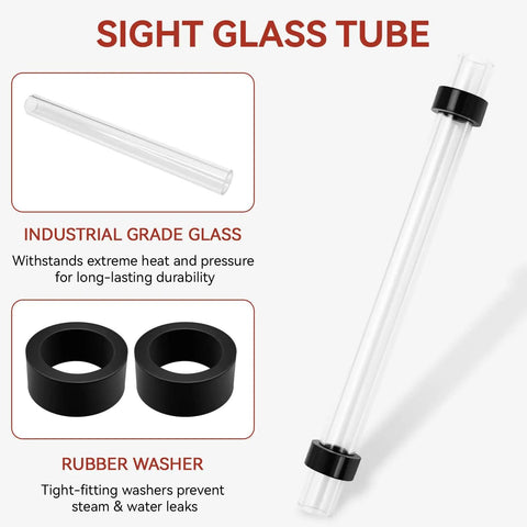 9 Inch Steam Boiler Sight Glass Tube Clear Water Level Gauge Replacement with 2 High-Temp Rubber Washers for Boilers