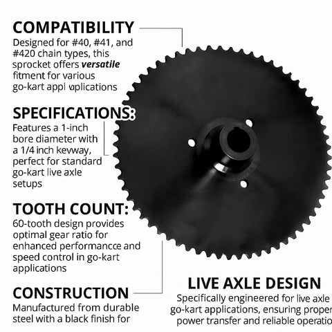 60 Tooth Go Kart Live Axle Sprocket For 40, 41, And 420 Chains, 1 Inch Bore With 1 Quarter Inch Keyway, Sprocket Only, Heavy Duty Steel, Easy Upgrade For Faster Acceleration And Smoother Shifts