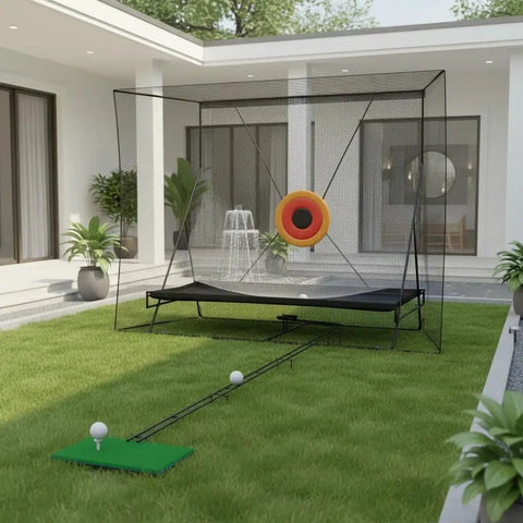 All Around Golf Net For Hitting Practice 10x8FT Indoor Outdoor Training Net in backyard with ball return and impact target
