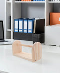 Solid Wood Tape Dispenser With Razor Sharp Blade on a clean desk, enhancing craft and packing tape organization.