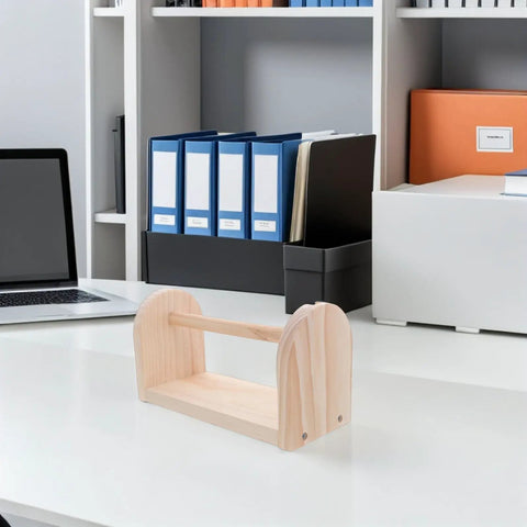 Solid Wood Tape Dispenser With Razor Sharp Blade on a clean desk, enhancing craft and packing tape organization.