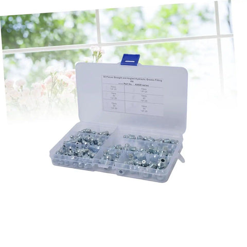 80 Piece Grease Fitting Assortment Kit With Angled And Straight Nozzles open with fittings in compartments