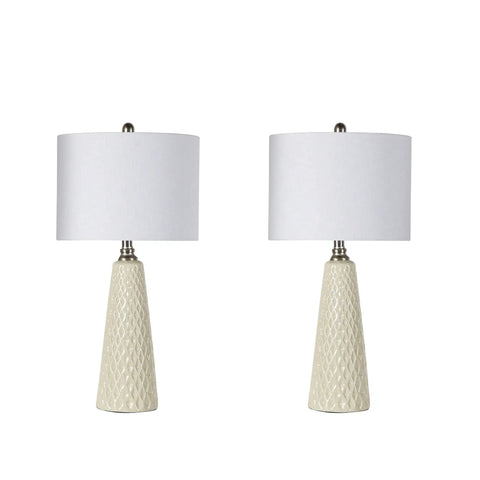 Ivory Textured Ceramic Table Lamps Set Of 2 With Inverted Diamond Bases Easy On Off Rotary Switch Chic Modern Home Decor Lighting For Cozy Living Room And Nightstands