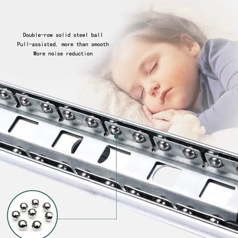 Bottom Mount Soft Close Beefy Heavy Duty Ball Bearing Drawer Slides With Full Extension Three Section Rails And Cushioned Rubber Pads Side Mounted Steel Rails 100 Lb Capacity Quiet Glide For Kitchen And Cabinet Drawers next to a sleeping child showing quiet glide feature.