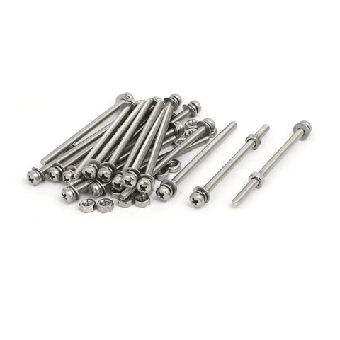 DIY Ready Pan Head Screw Bolt Nut Washer Kit M3 Set With 20 Full Sets For Batch Assembly Ideal For Quick Fixes Unified M3 Threads Multiple Length Options Integrated Matching Parts In One Color, silver steel screws with nuts and washers