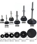 Tough As Nails Adjustable Articulating Lathe Legs With Swivel Base And Rock Solid Lock For Zero Wobble Shop Setup Easy Height Tweak Rust Proof 30mm M5 M6 Pad Set Of Four displaying various sizes of rubber pads with threaded shafts.