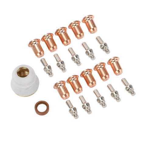 Ultimate 23 Piece Plasma Cutter Torch Consumables Kit With Sturdy Brass Cups Electrodes Nozzles And Bracket For PT-60 PT-40 Series Cutting Gear with copper nozzles and brass cups.